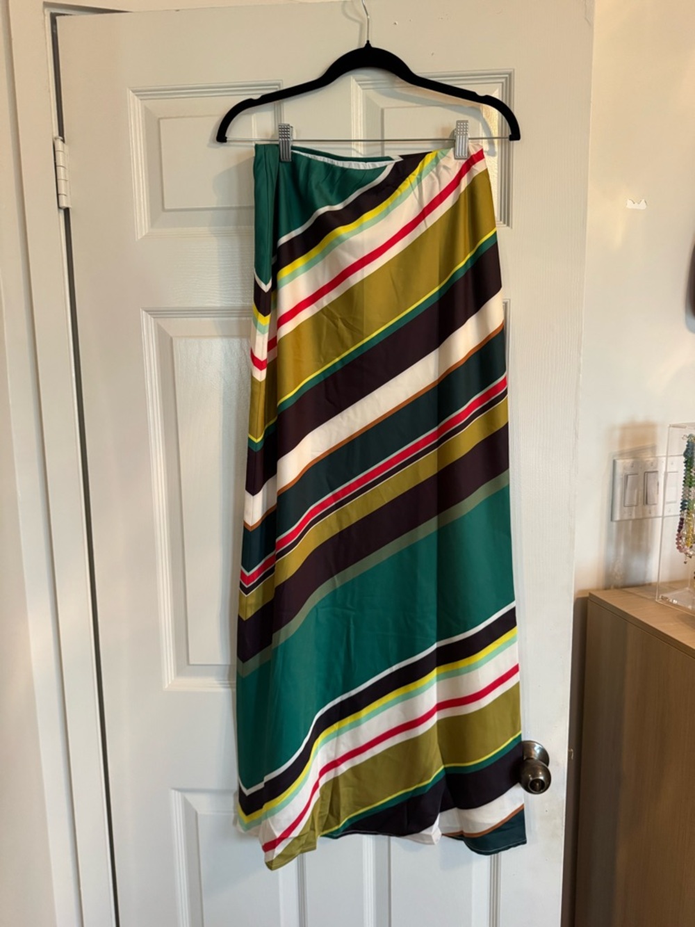 Striped Teal Satin Two-Piece Maxi Dress - Picture 4 of 9